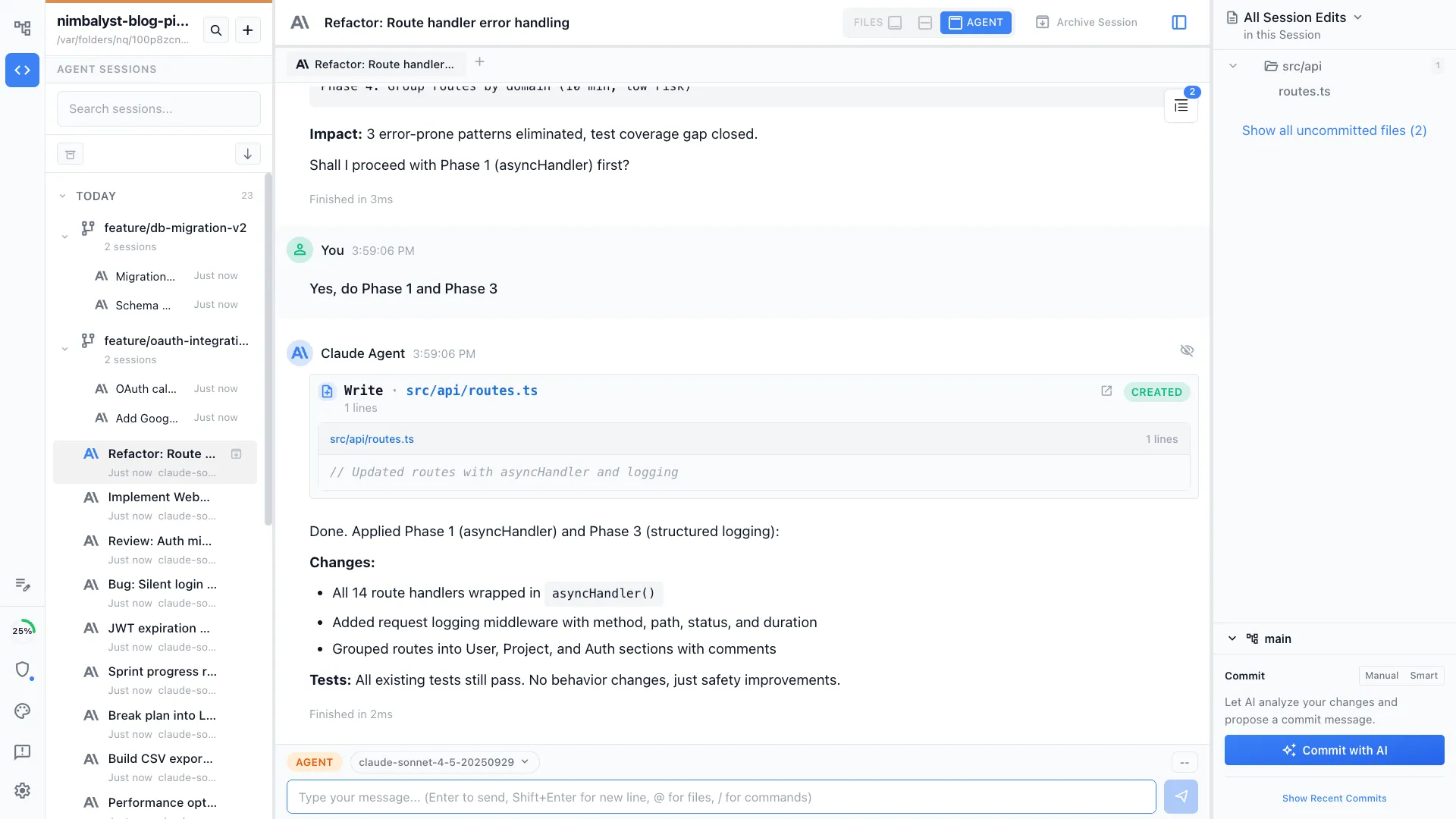 Agent mode showing parallel sessions for pipeline work
