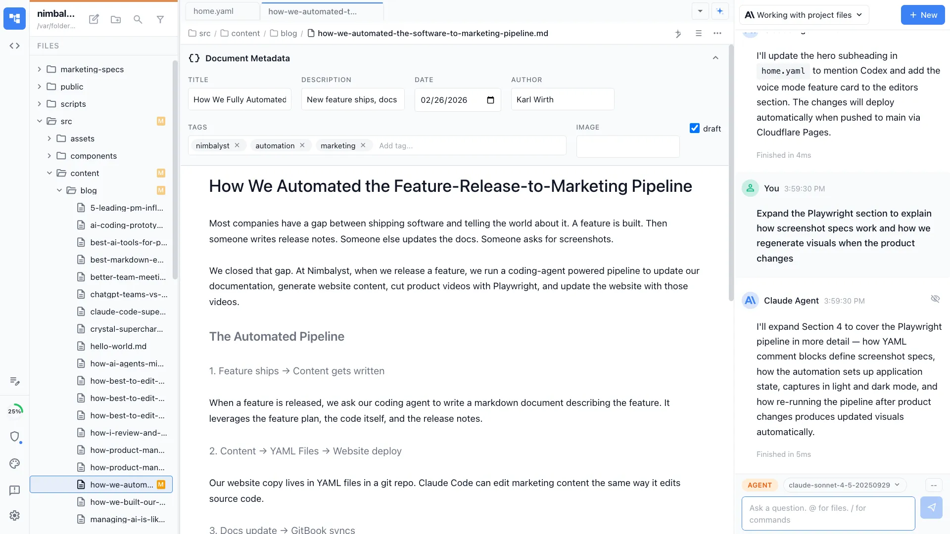 Writing a blog post in Nimbalyst with AI chat sidebar