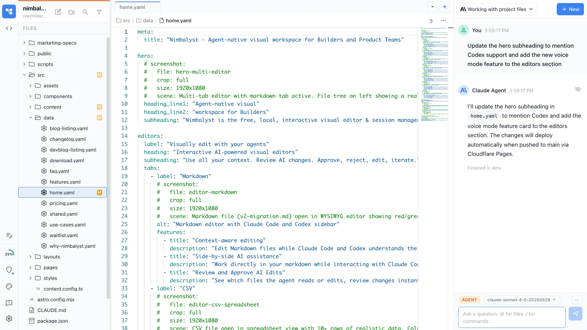 Editing YAML data files that drive the website in Nimbalyst
