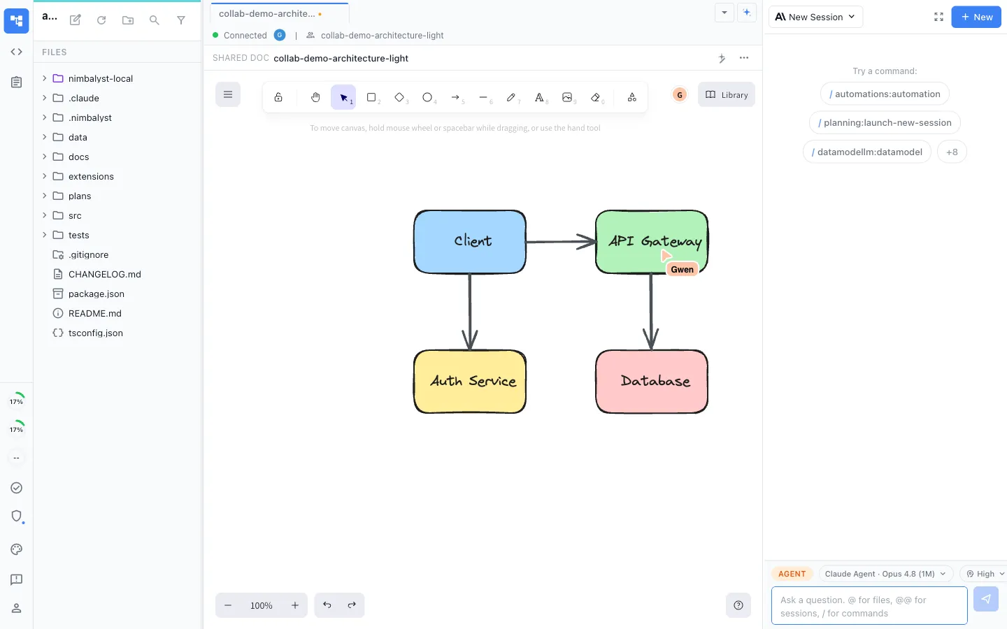 Two teammates editing the same architecture diagram in real time on a shared canvas, with a live labeled cursor