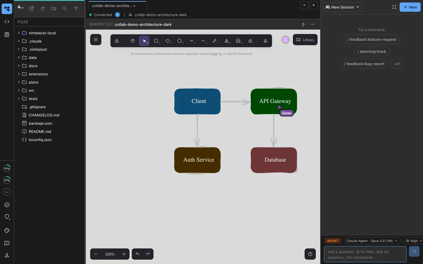 Two teammates editing the same architecture diagram in real time on a shared canvas, with a live labeled cursor