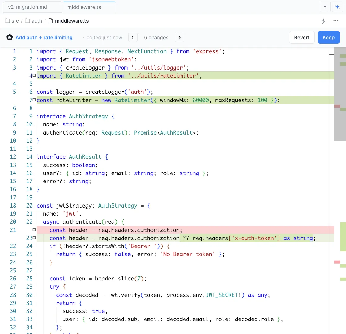 Red / Green diffs show AI changes for your approval