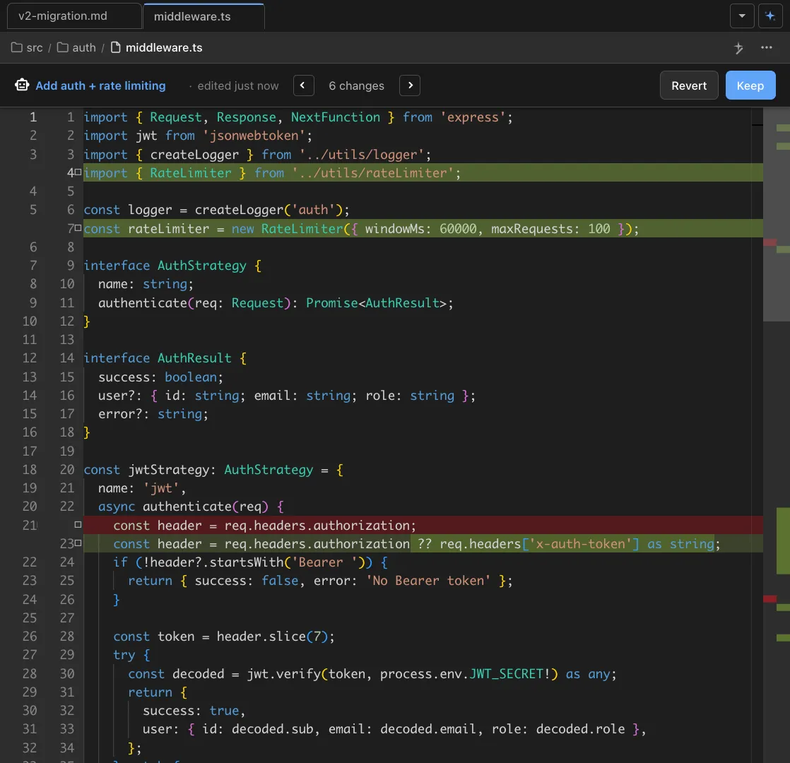 Red / Green diffs show AI changes for your approval