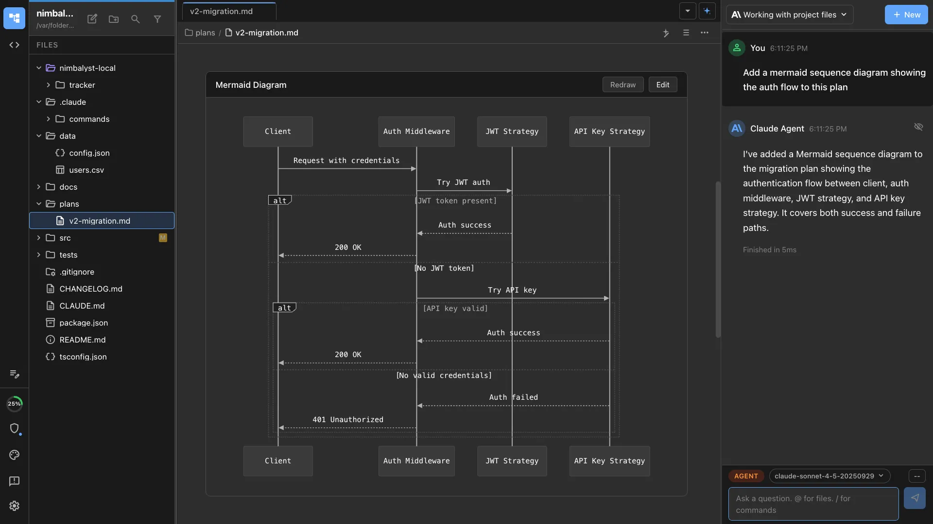 Mermaid diagram rendered visually in Nimbalyst with diff highlights