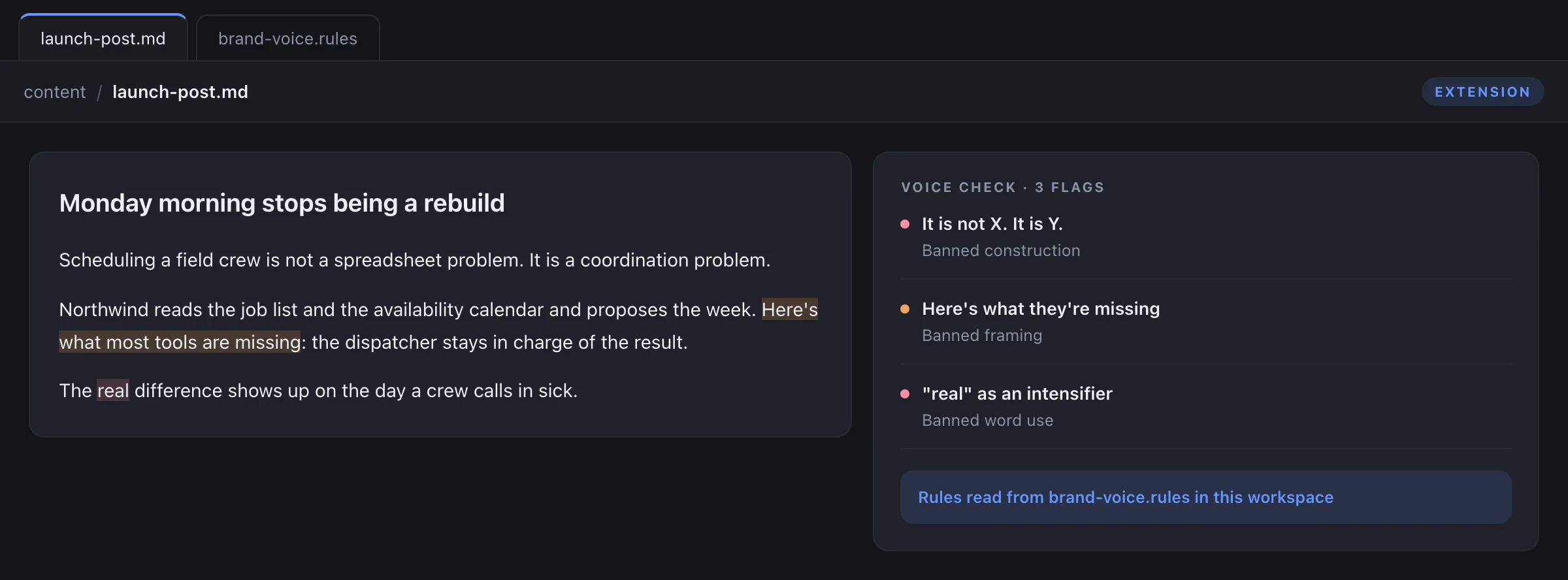 Concept mockup of a brand voice linter flagging banned constructions inside a draft