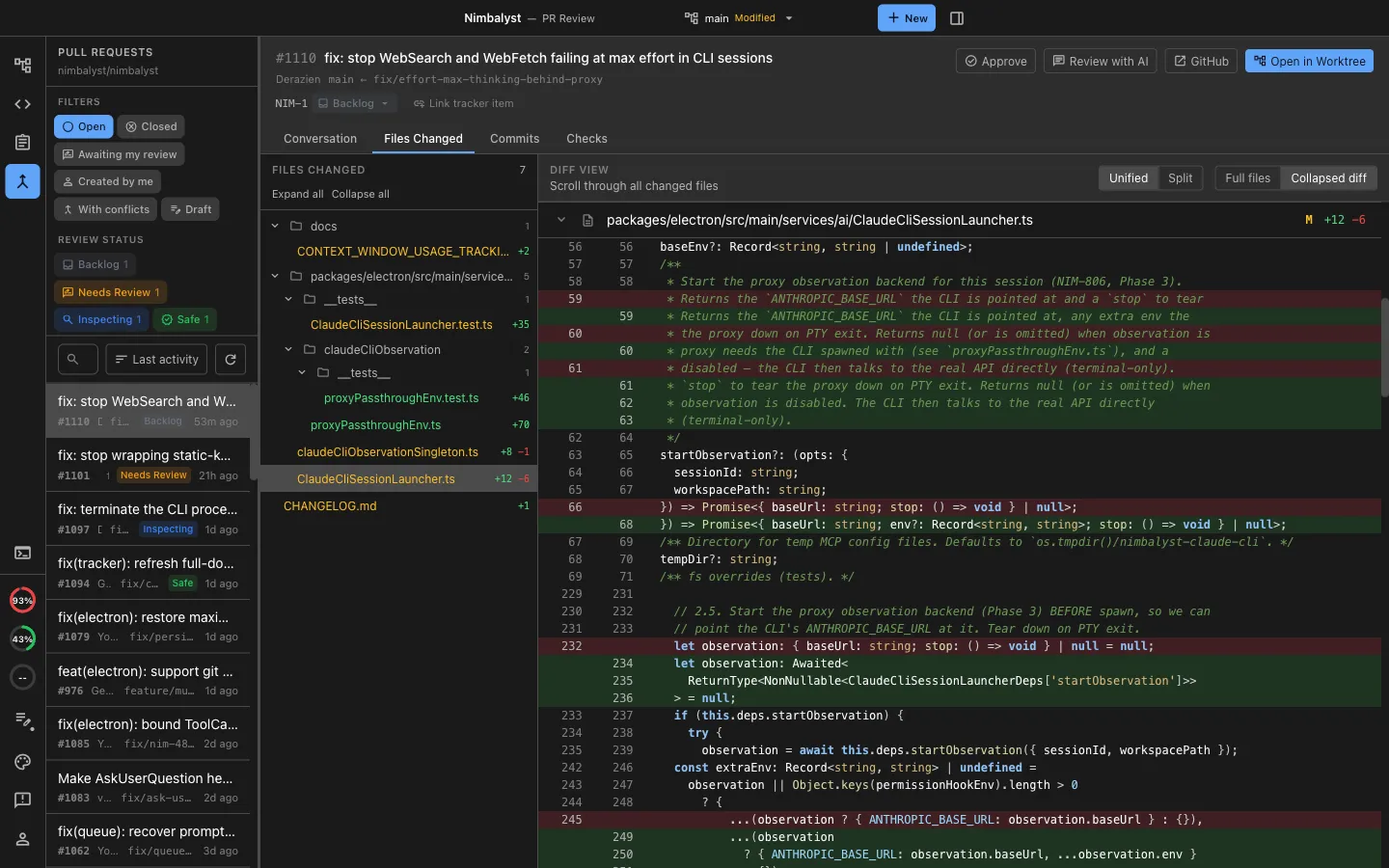 Open in Worktree action above a pull request diff