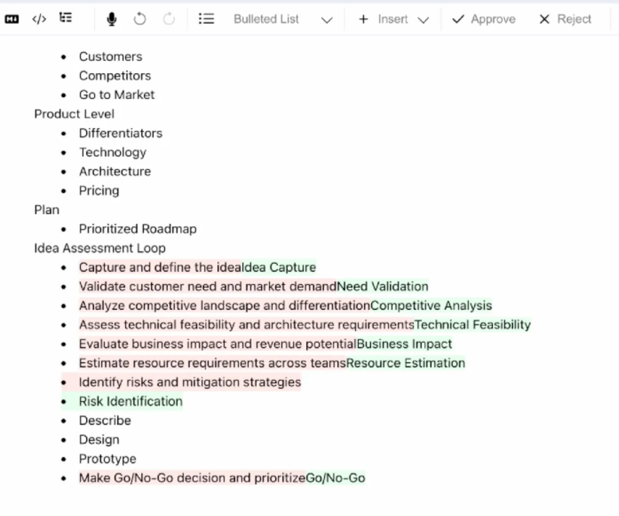 AI completing the bullet-point context with iterative review and approval