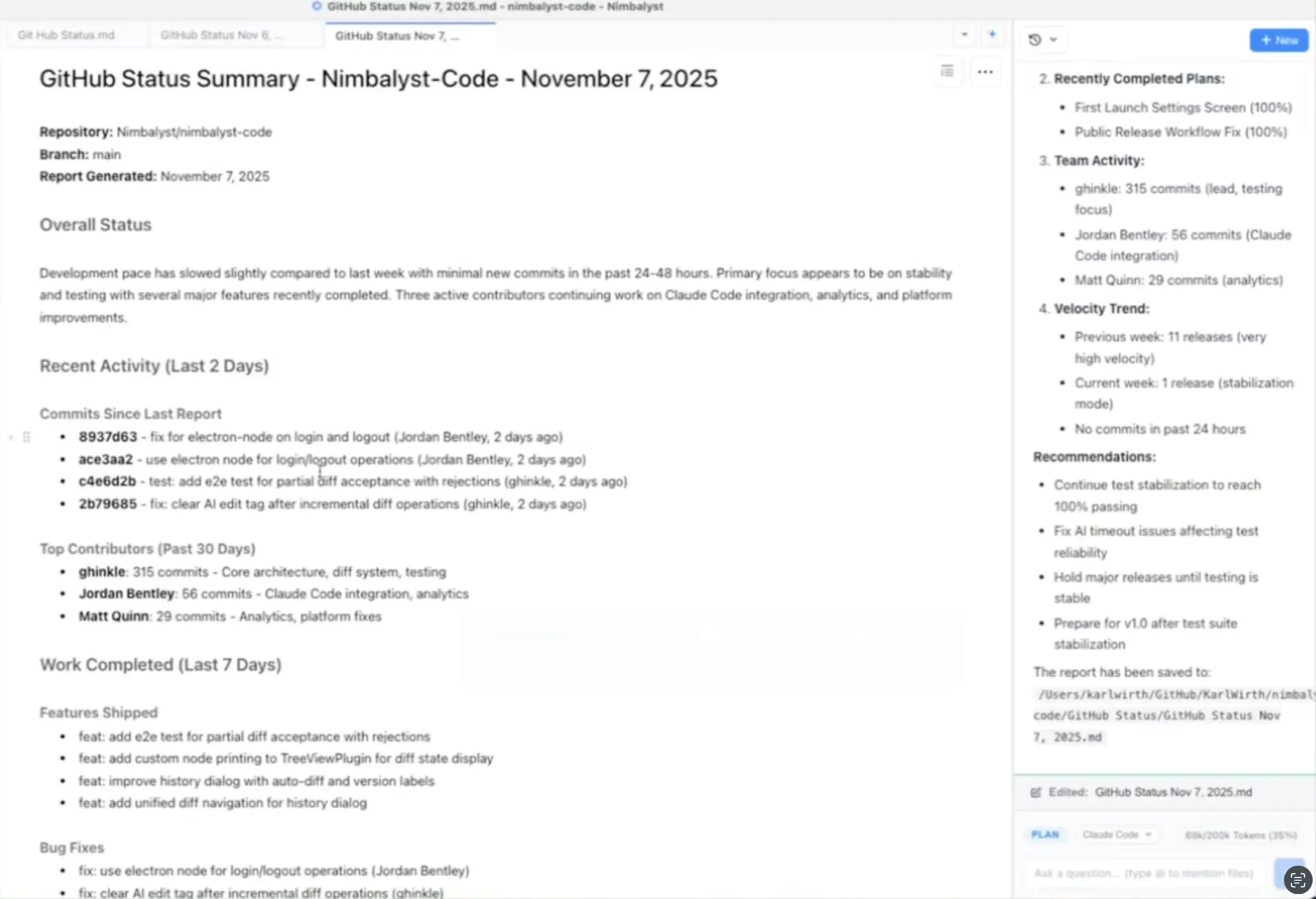 Nimbalyst UI managing Claude Code with markdown editing and slash commands