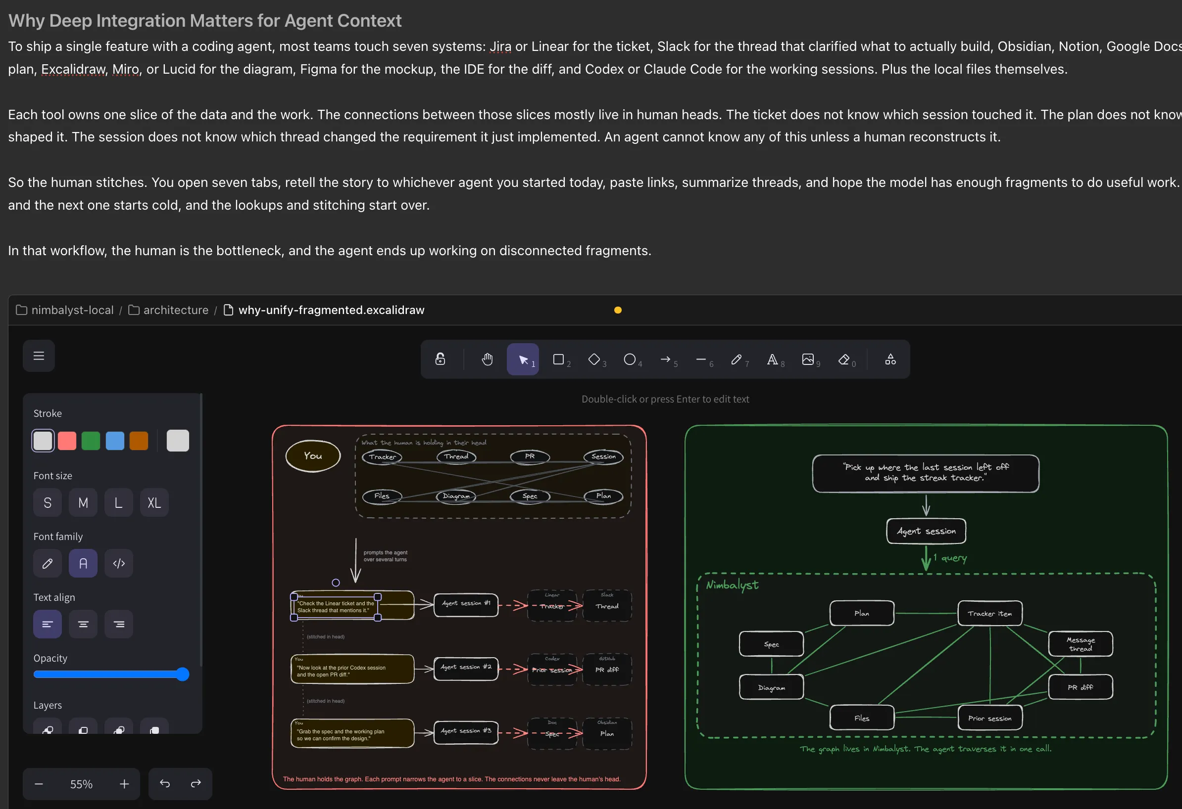 A markdown spec with an Excalidraw diagram embedded inline inside Nimbalyst