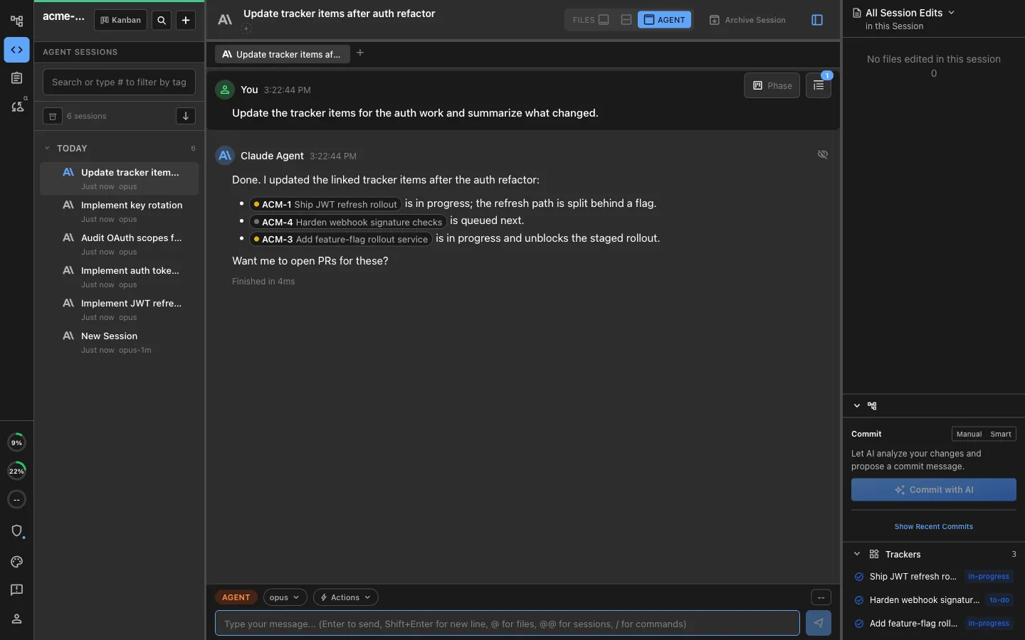 A Claude Code session with a Trackers panel and inline tracker pills, all in one workspace