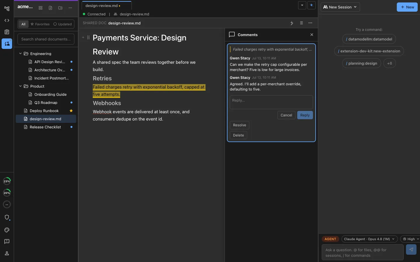 A shared document with a commented line highlighted and a Comments panel showing a review thread with a reply