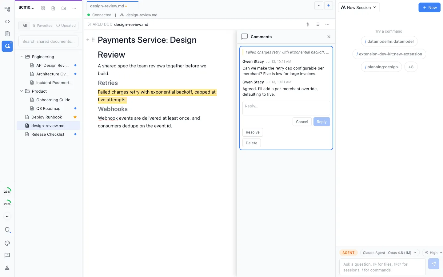 A shared document with a commented line highlighted and a Comments panel showing a review thread with a reply