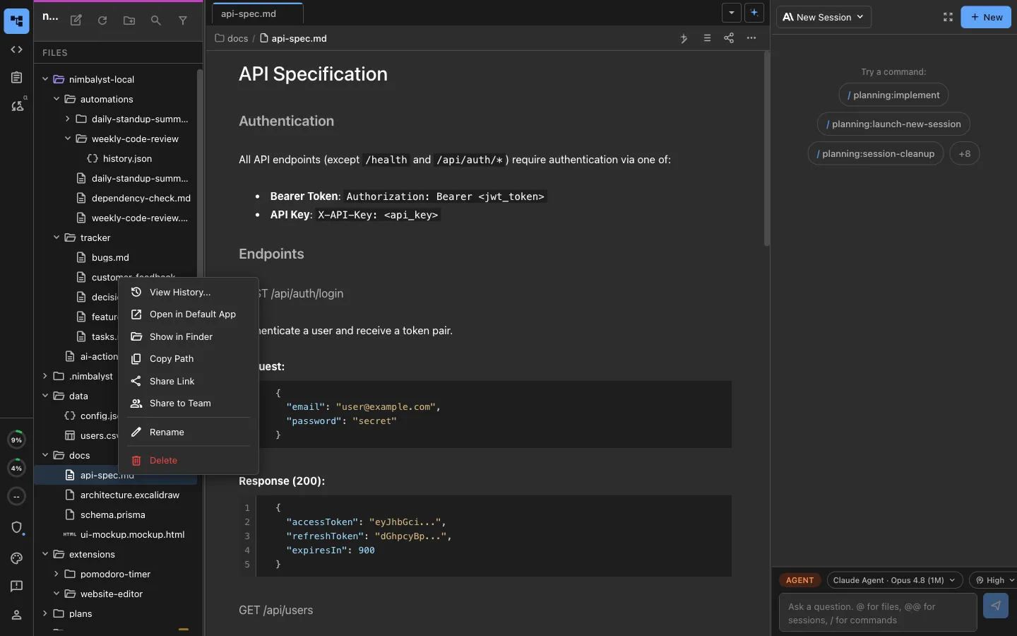 The file context menu open on a document, with a Share to Team action that promotes it to a shared document