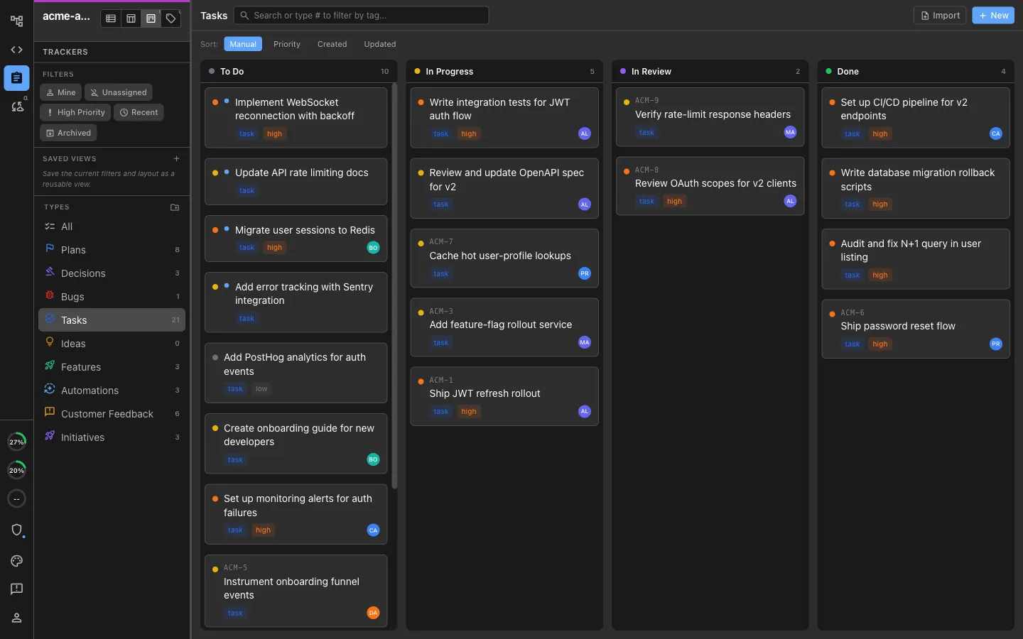 A shared kanban board with To Do, In Progress, In Review, and Done columns, and blue markers on recently changed items