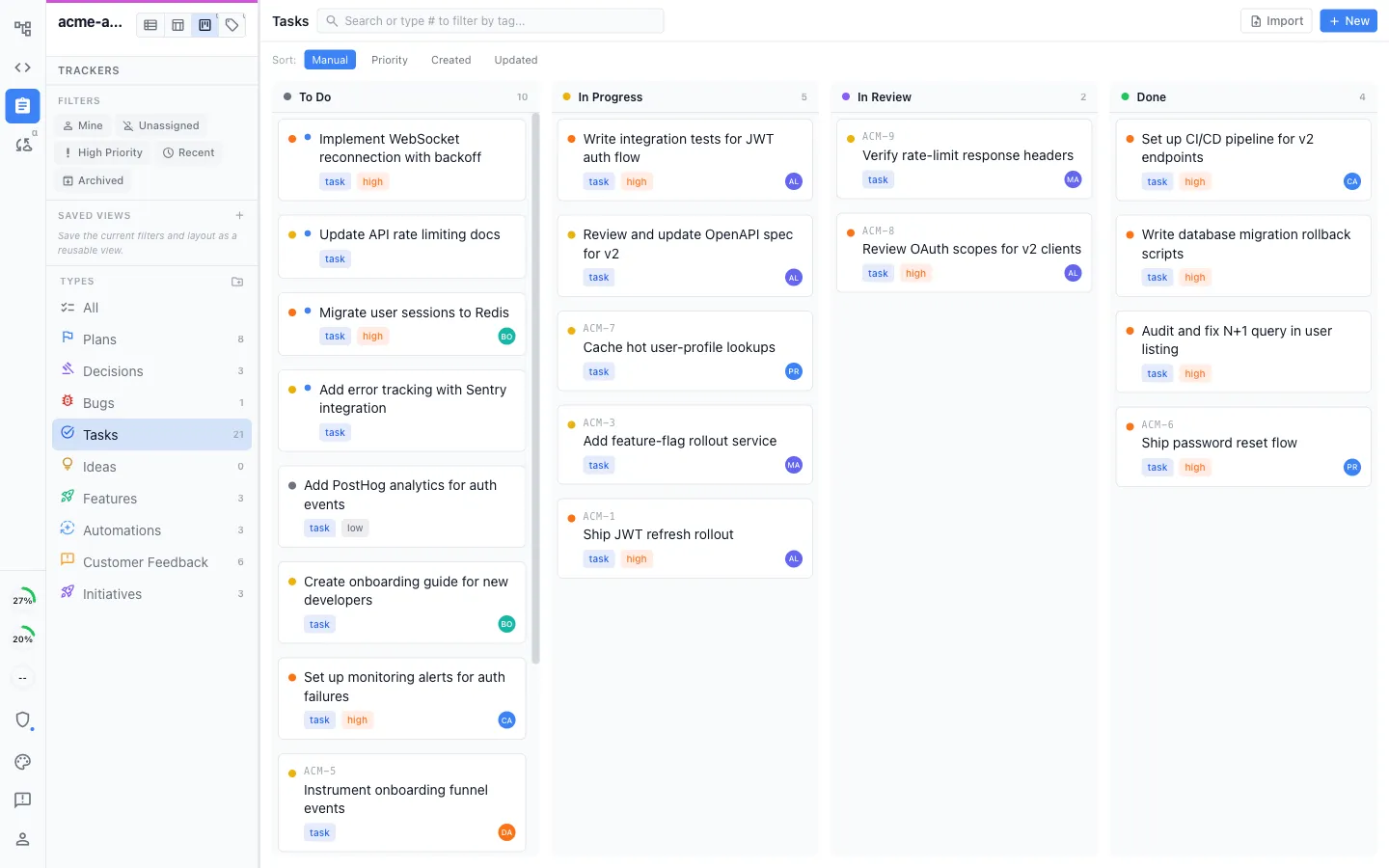 A shared kanban board with To Do, In Progress, In Review, and Done columns, and blue markers on recently changed items