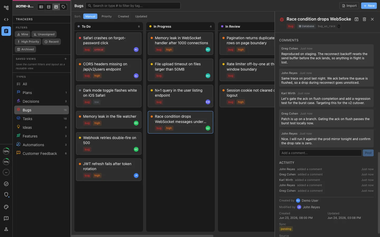 A shared bug board with one bug open, showing a live back-and-forth discussion between three teammates