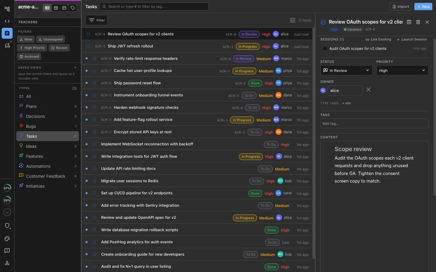 A shared bug board with one bug open, showing a live back-and-forth discussion between three teammates