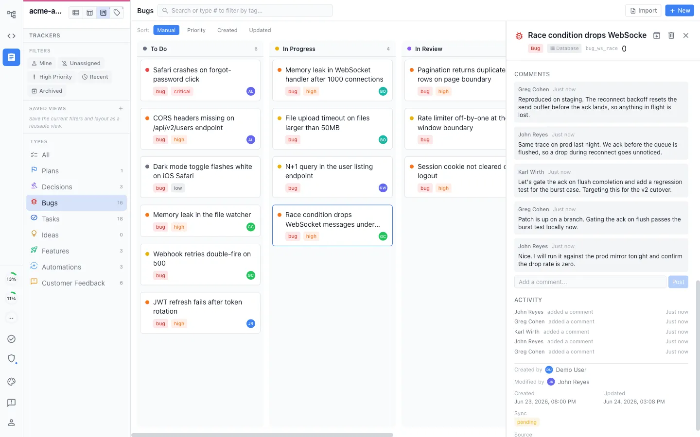 A shared bug board with one bug open, showing a live back-and-forth discussion between three teammates