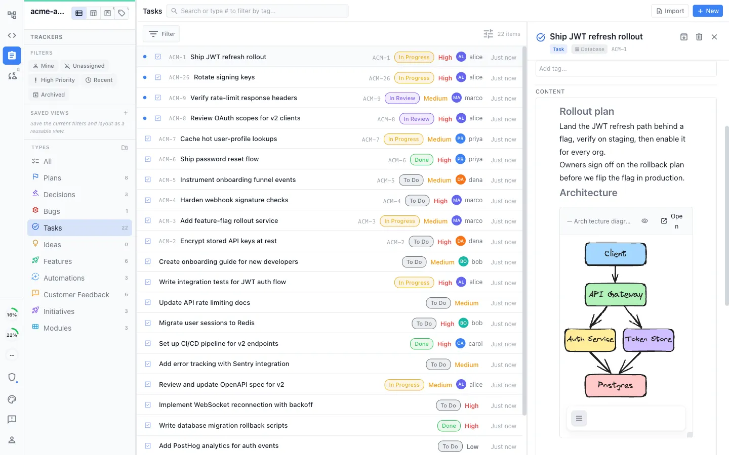 A tracker item with a collaborative rich-text body, including an Excalidraw diagram and a mockup embedded inline