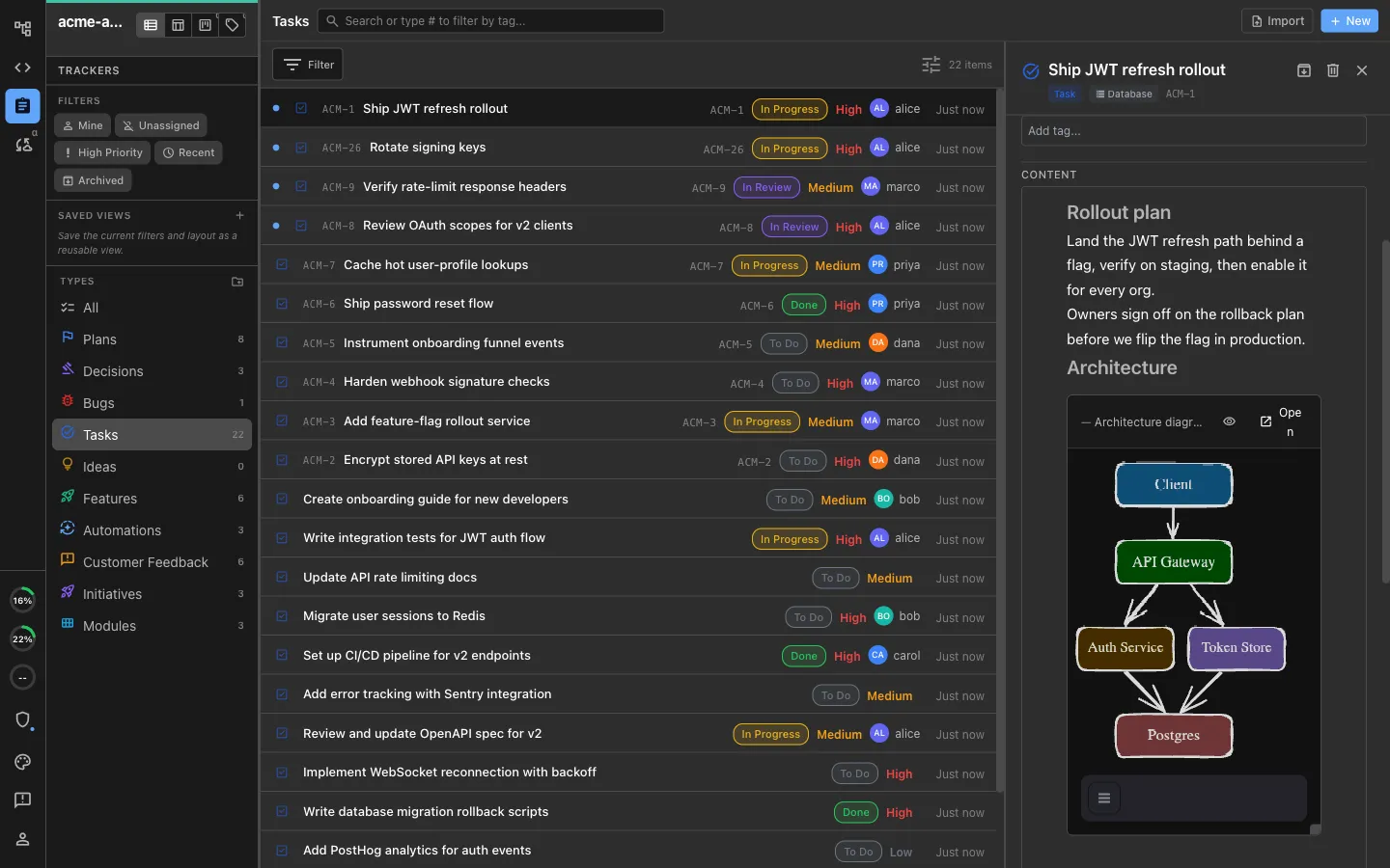 A tracker item with a collaborative rich-text body, including an Excalidraw diagram and a mockup embedded inline