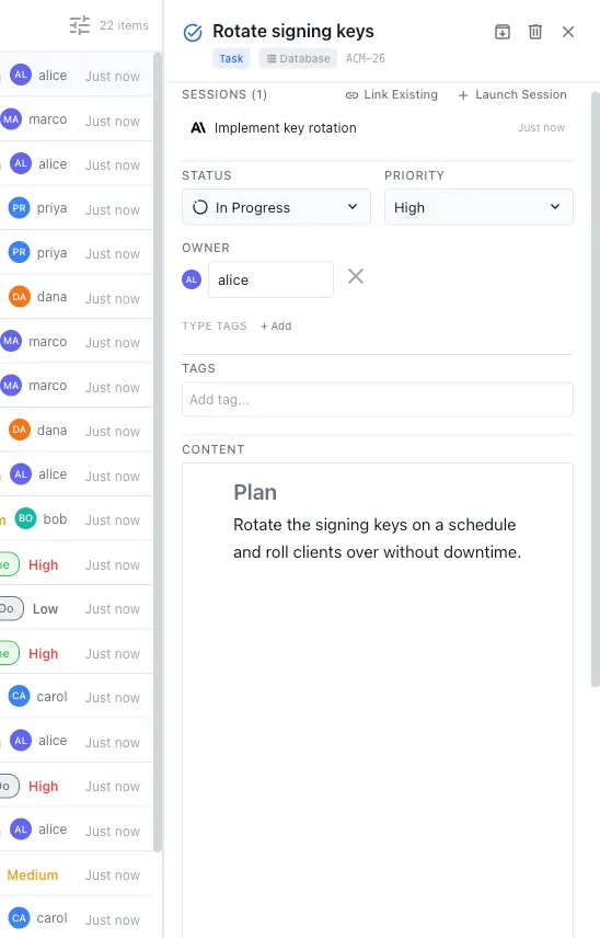 A tracker item detail showing its linked session, with Launch Session and Link Existing actions