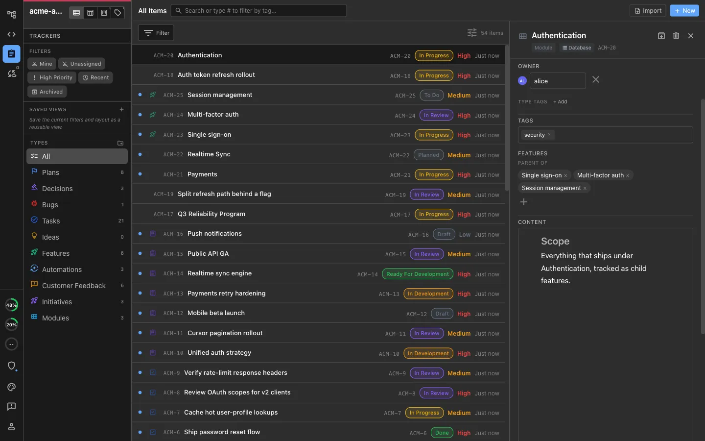 The tracker types sidebar including custom Module and Initiative types, with an Authentication module open showing its child Features and fields