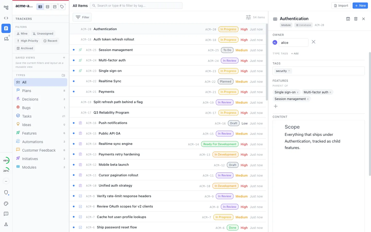 The tracker types sidebar including custom Module and Initiative types, with an Authentication module open showing its child Features and fields