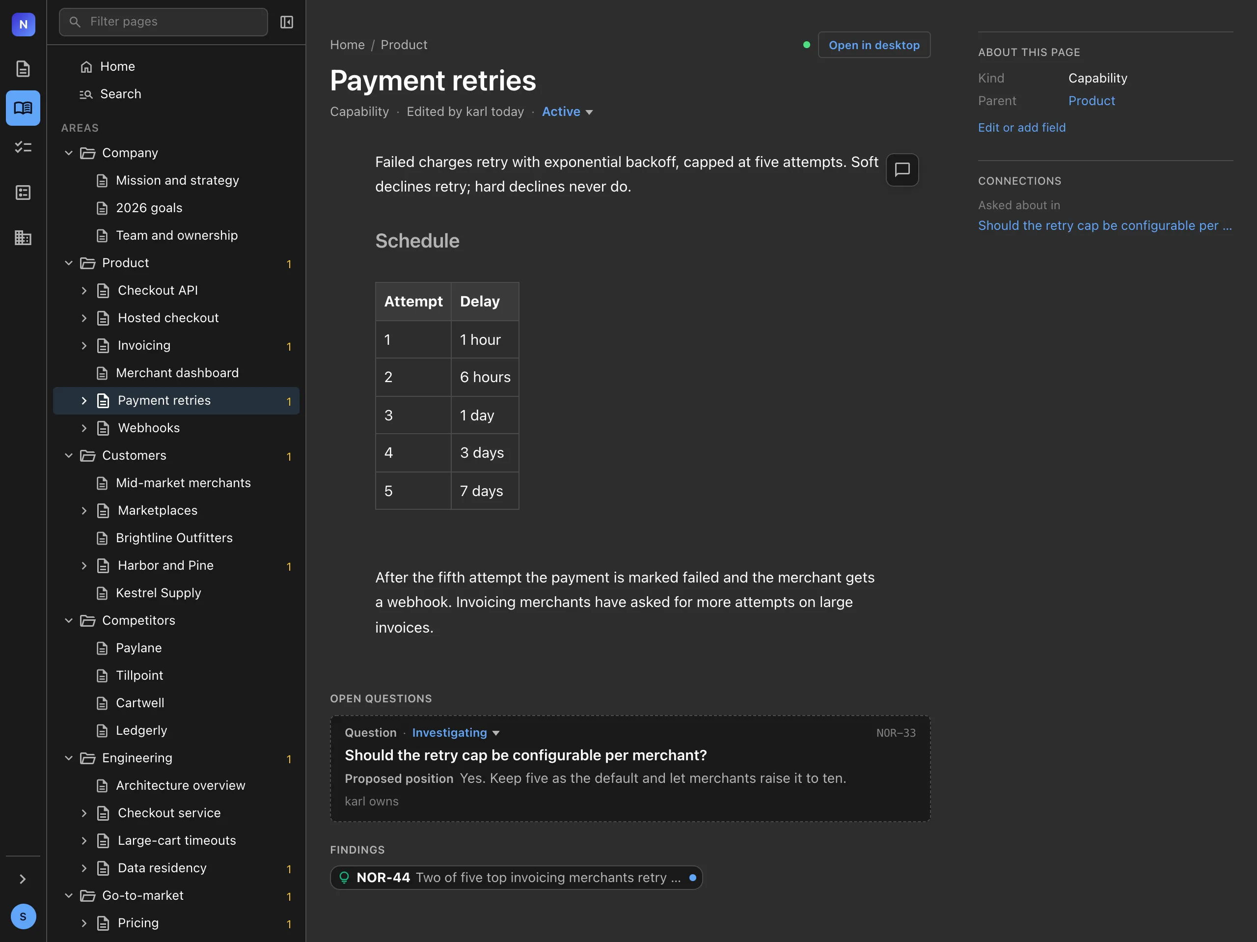 The Payment retries page in the Nimbalyst web console, with its retry schedule and an open question about the retry cap