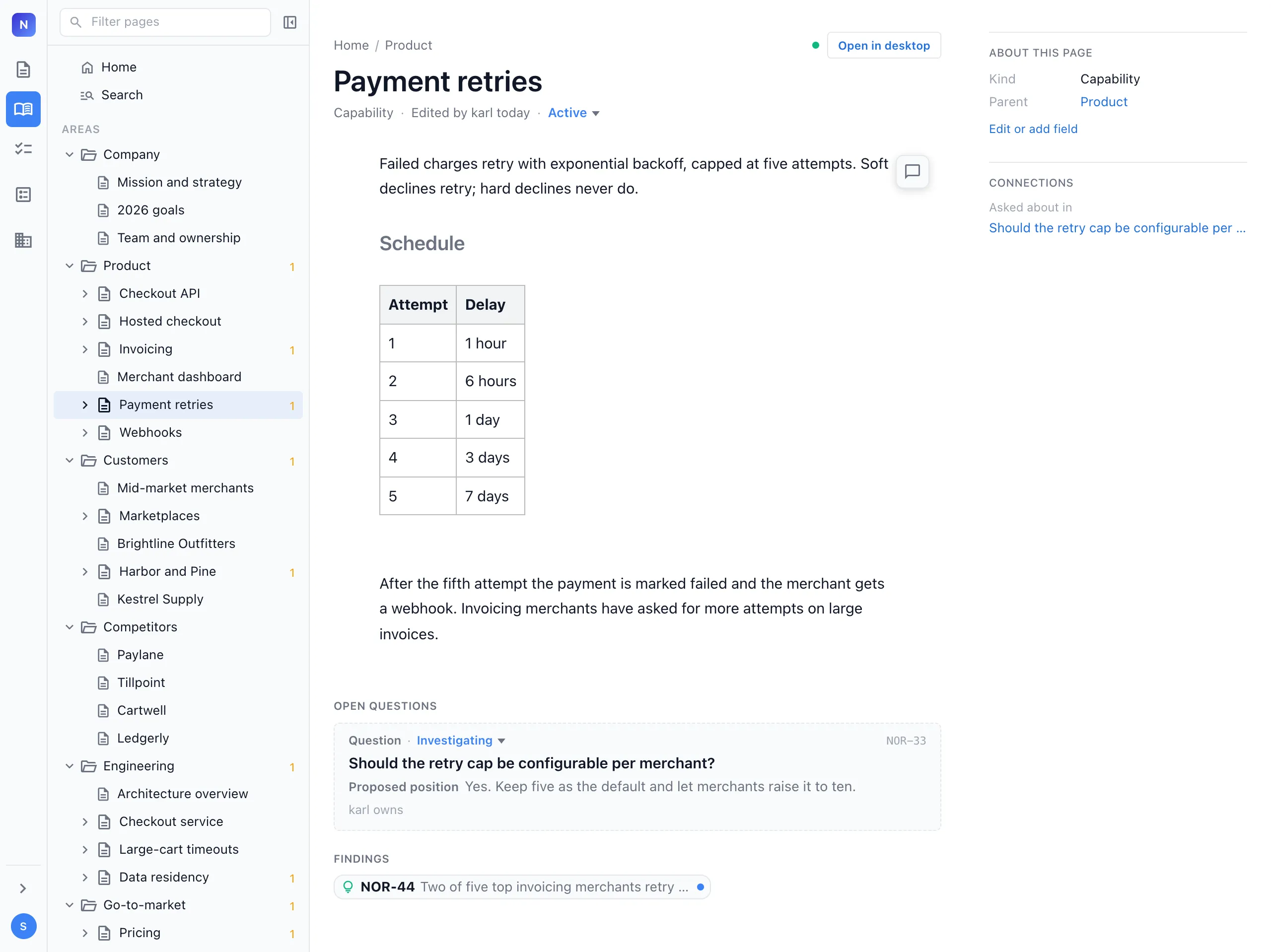 The Payment retries page in the Nimbalyst web console, with its retry schedule and an open question about the retry cap
