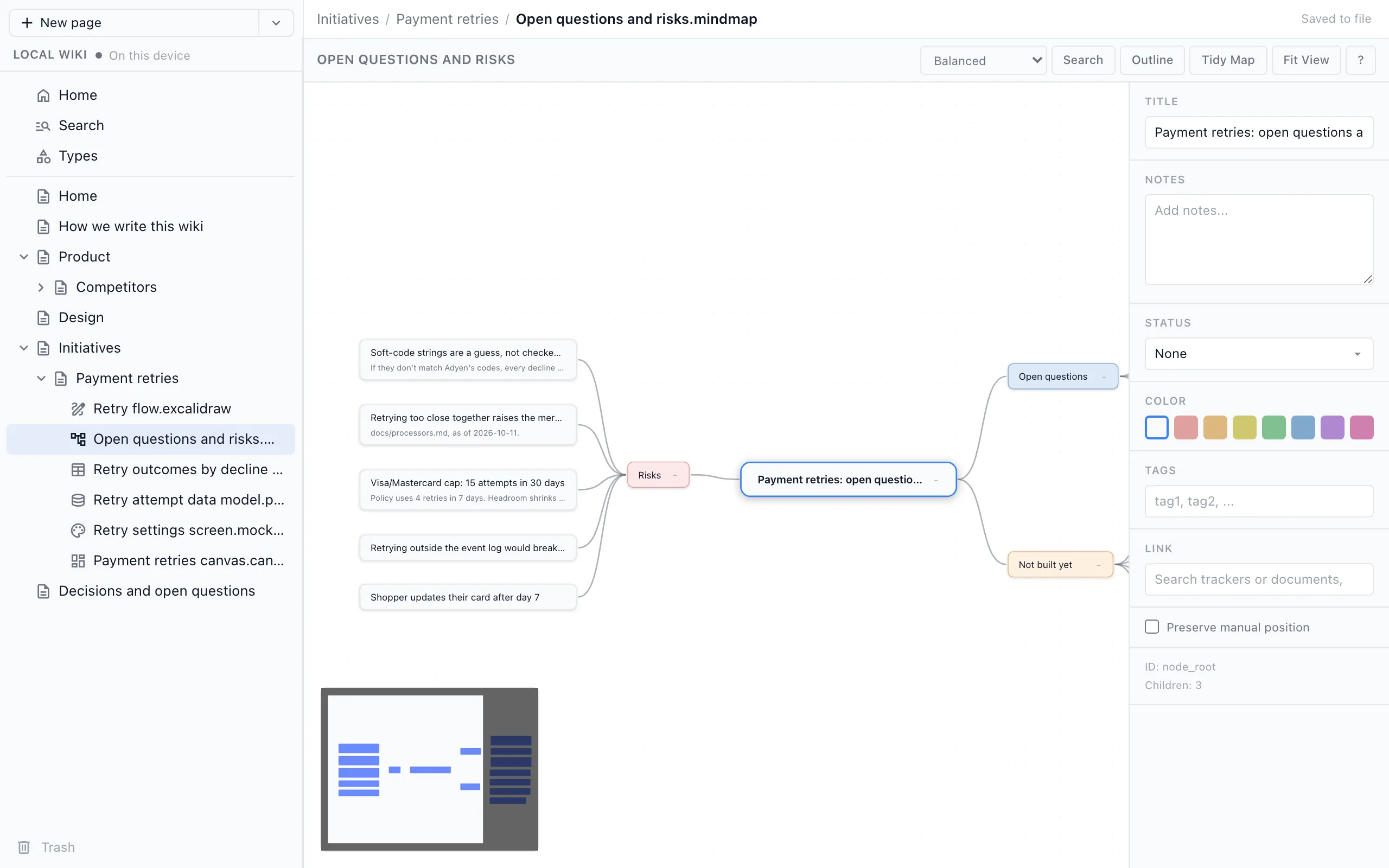 A mind map of open questions and risks for payment retries open in the wiki browser view