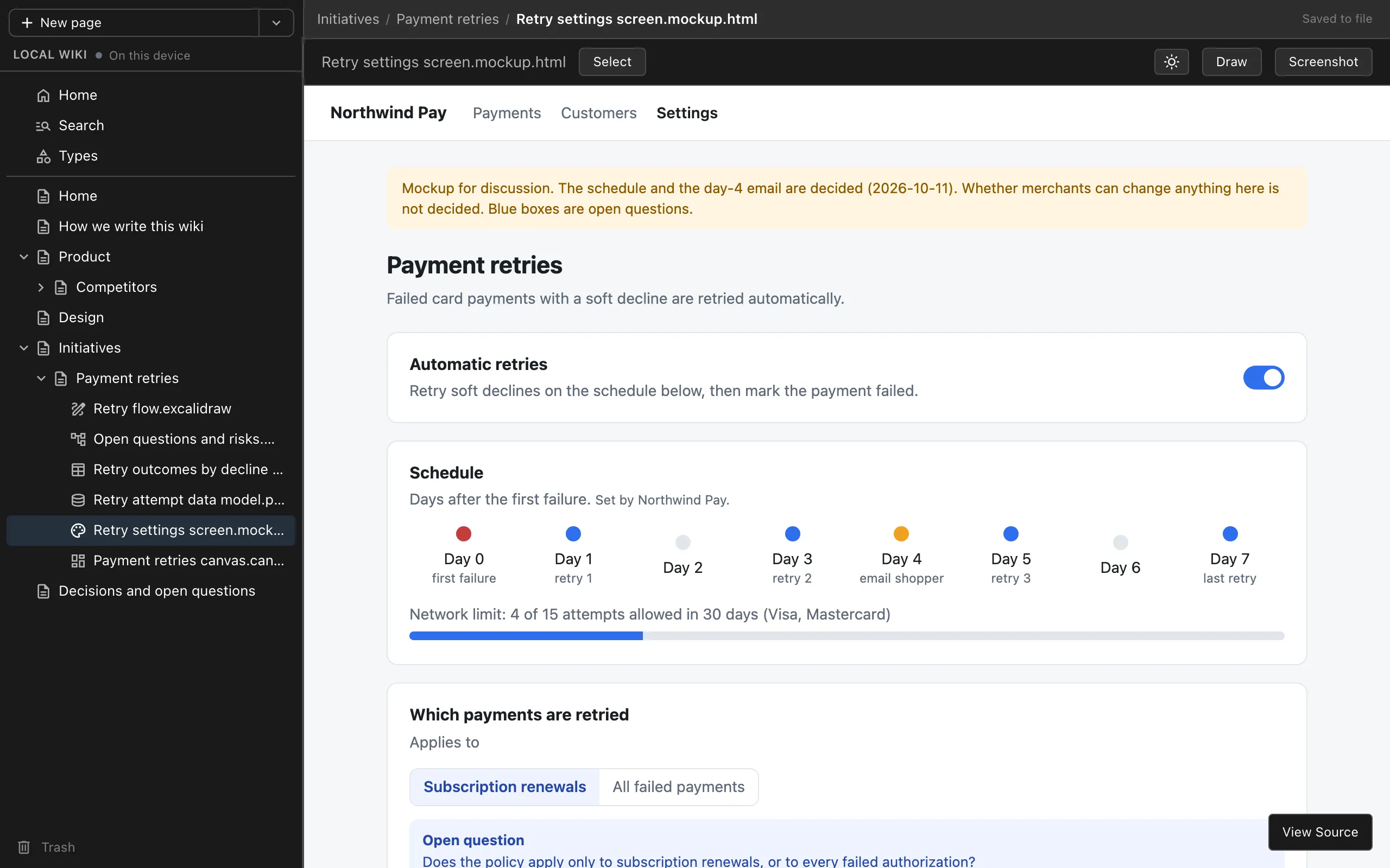 A mockup of the retry settings screen open in the wiki browser view