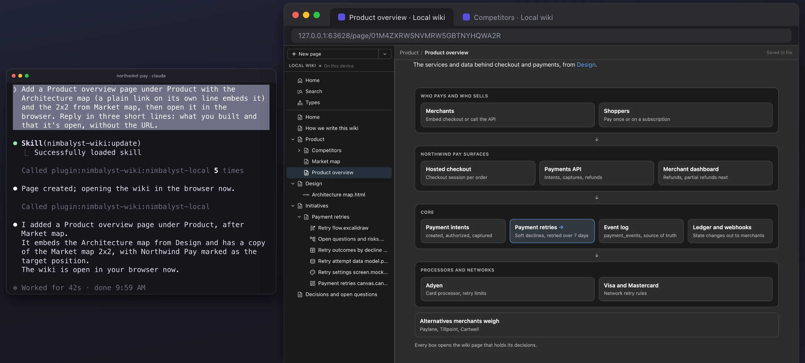Claude Code on the left, where the agent has just added a Product overview page and opened it, and the local wiki in the browser on the right, with the page tree, a clickable architecture map of Northwind Pay and a 2x2 of setup speed against payment recovery, and a Competitors tab behind it