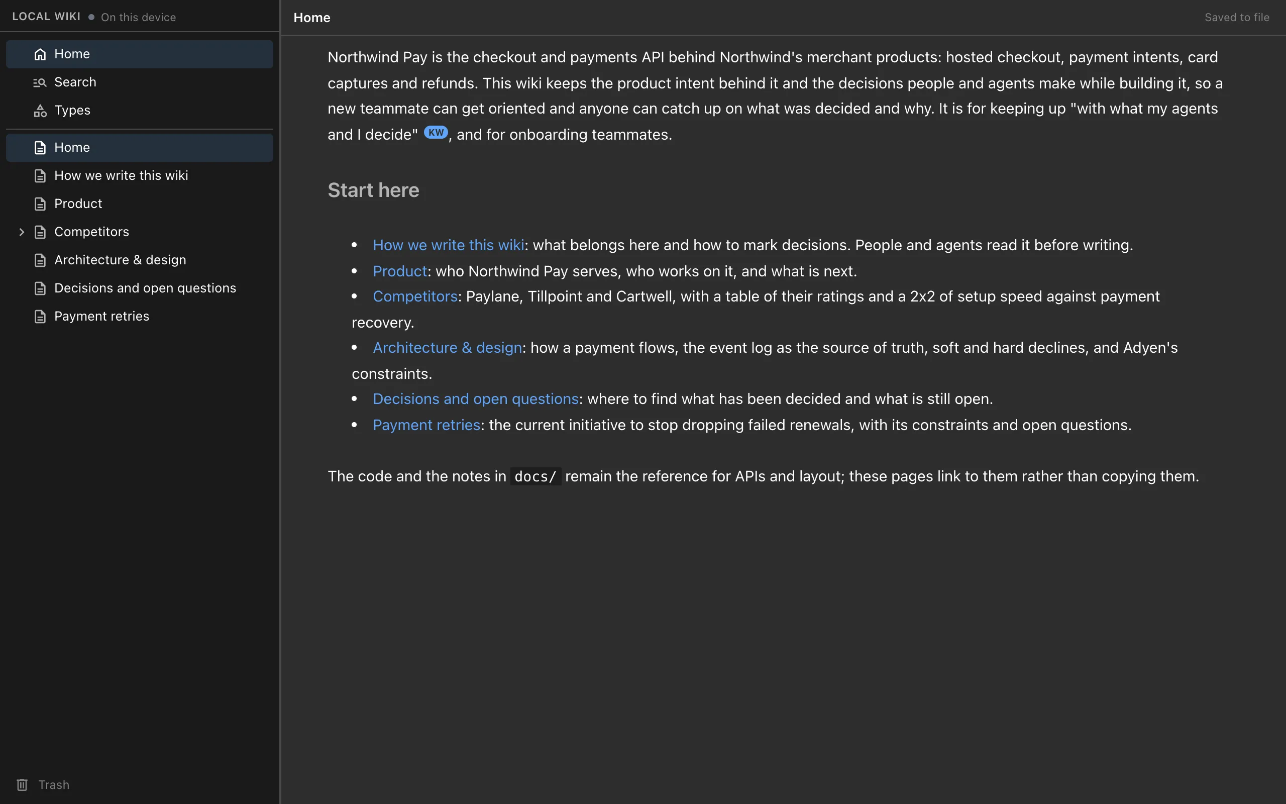 The wiki Home page in the browser, with the page tree on the left and links to every area of the wiki