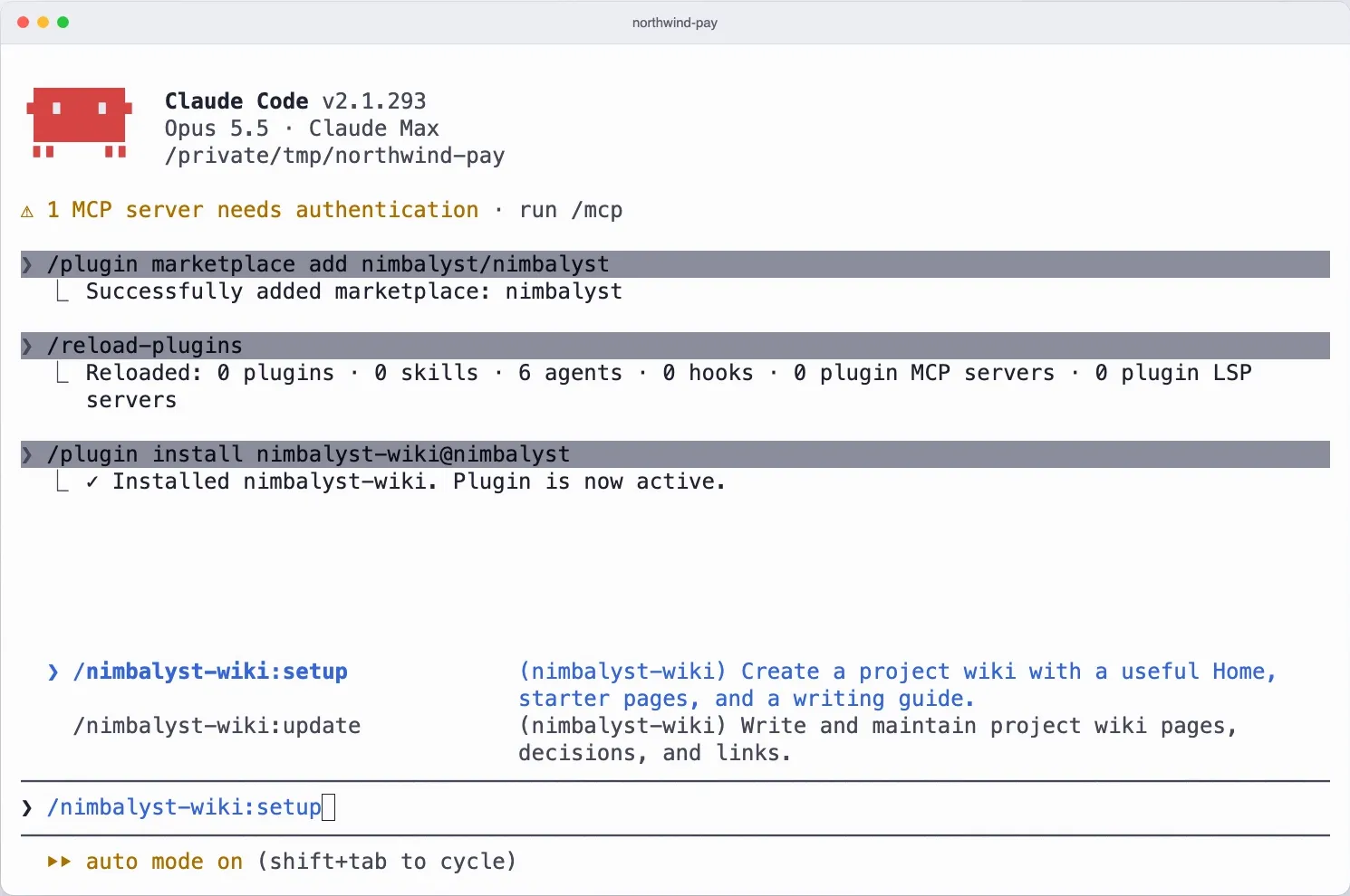 Claude Code after installing the Nimbalyst Wiki plugin, with /nimbalyst-wiki:setup typed at the prompt
