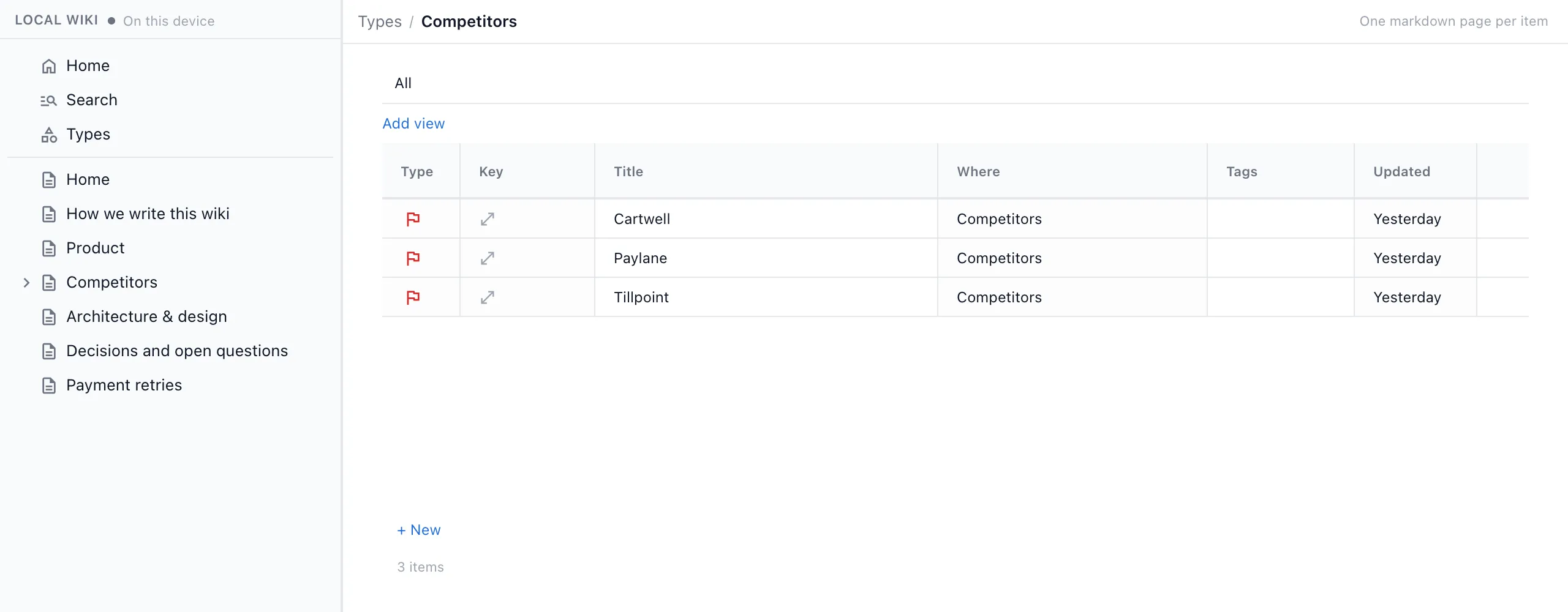 The Competitors type in the browser, a table listing Cartwell, Paylane and Tillpoint, each one its own page