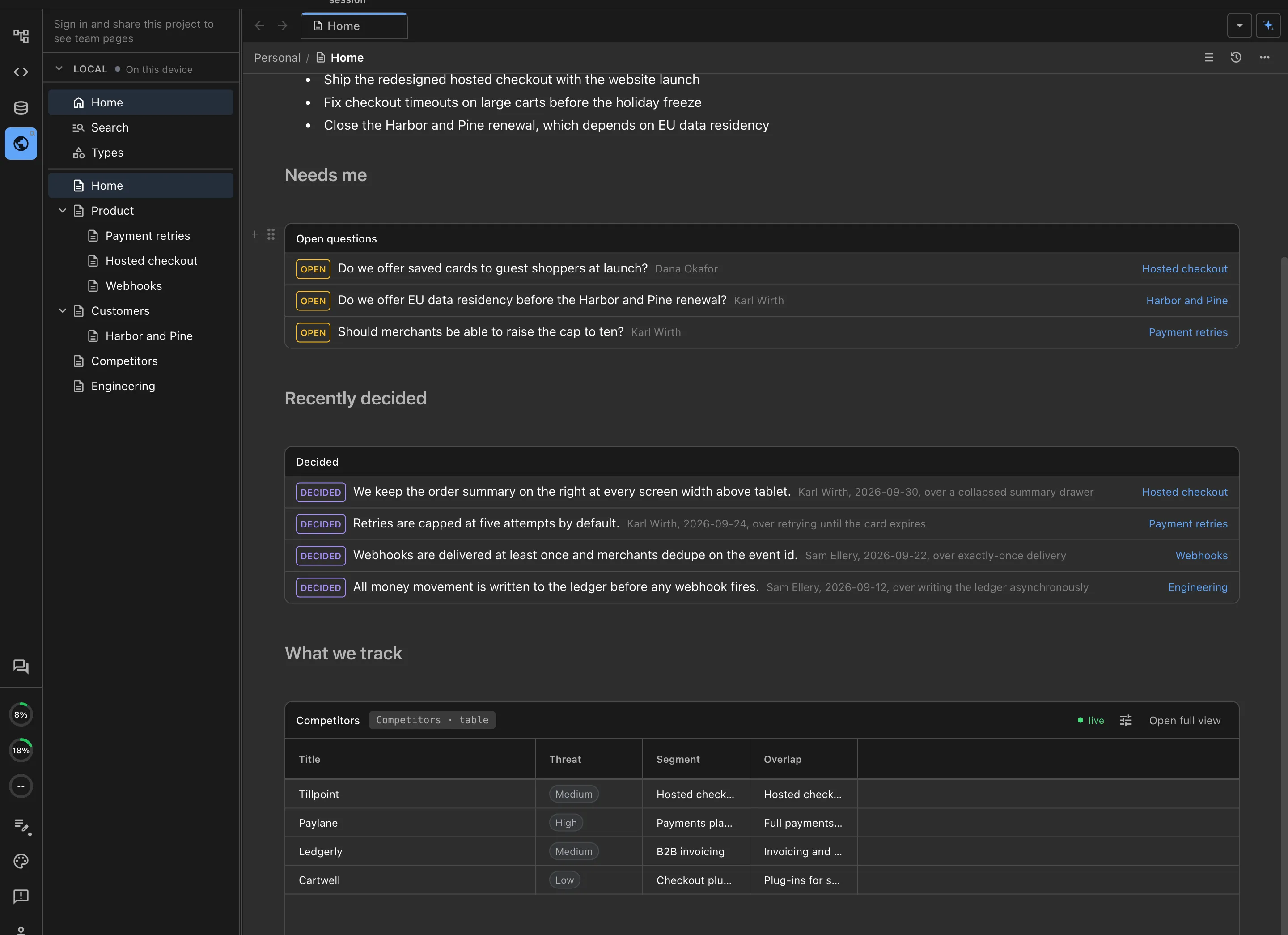 The wiki home page in Nimbalyst, with the page tree, the open questions that need you, recently decided items linked to their pages, and a live typed table of competitors inline in the page