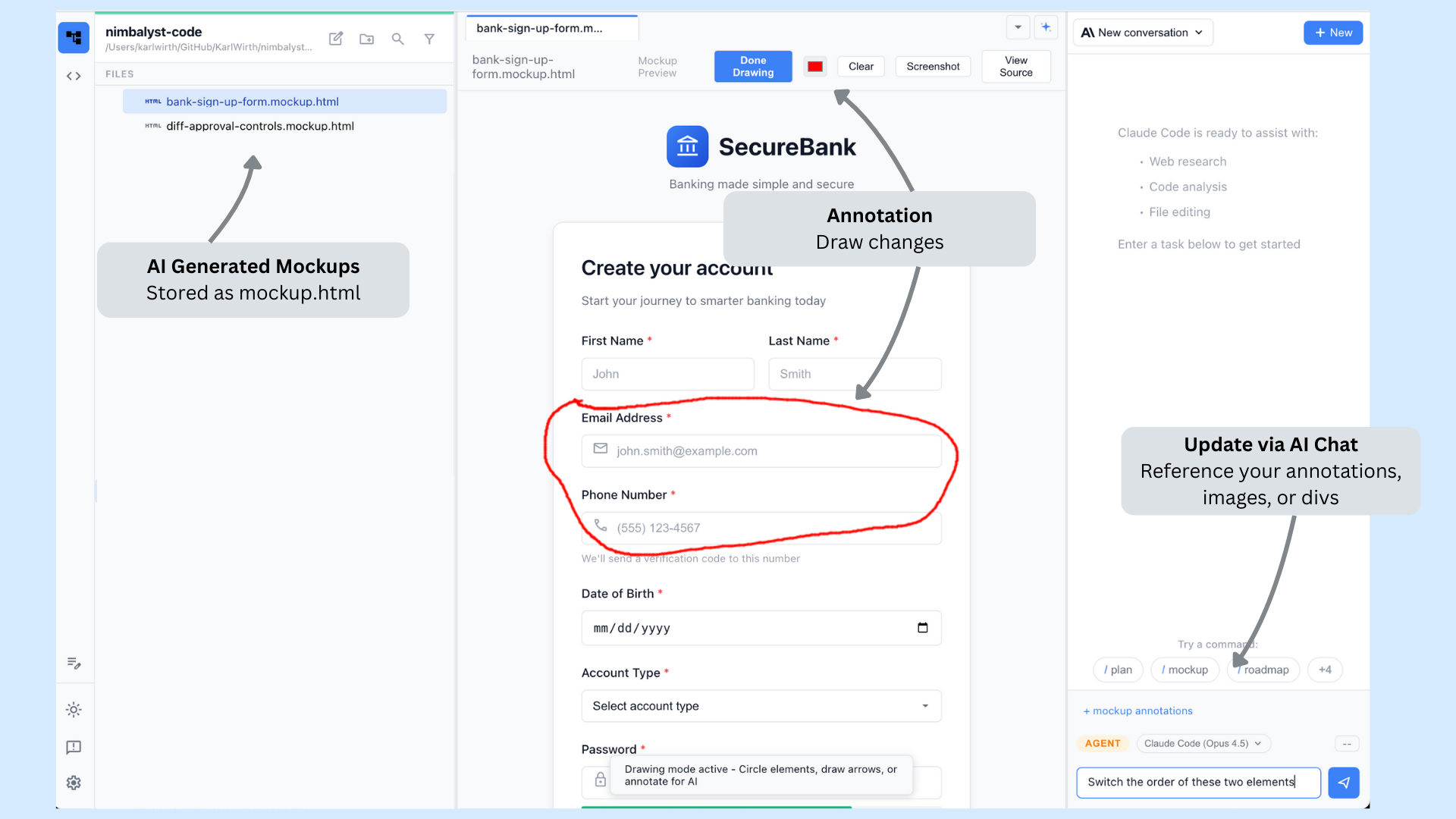 An html mockup of a bank sign-up form open in the mockup editor, with a red annotation circled on the form and the AI chat panel on the right