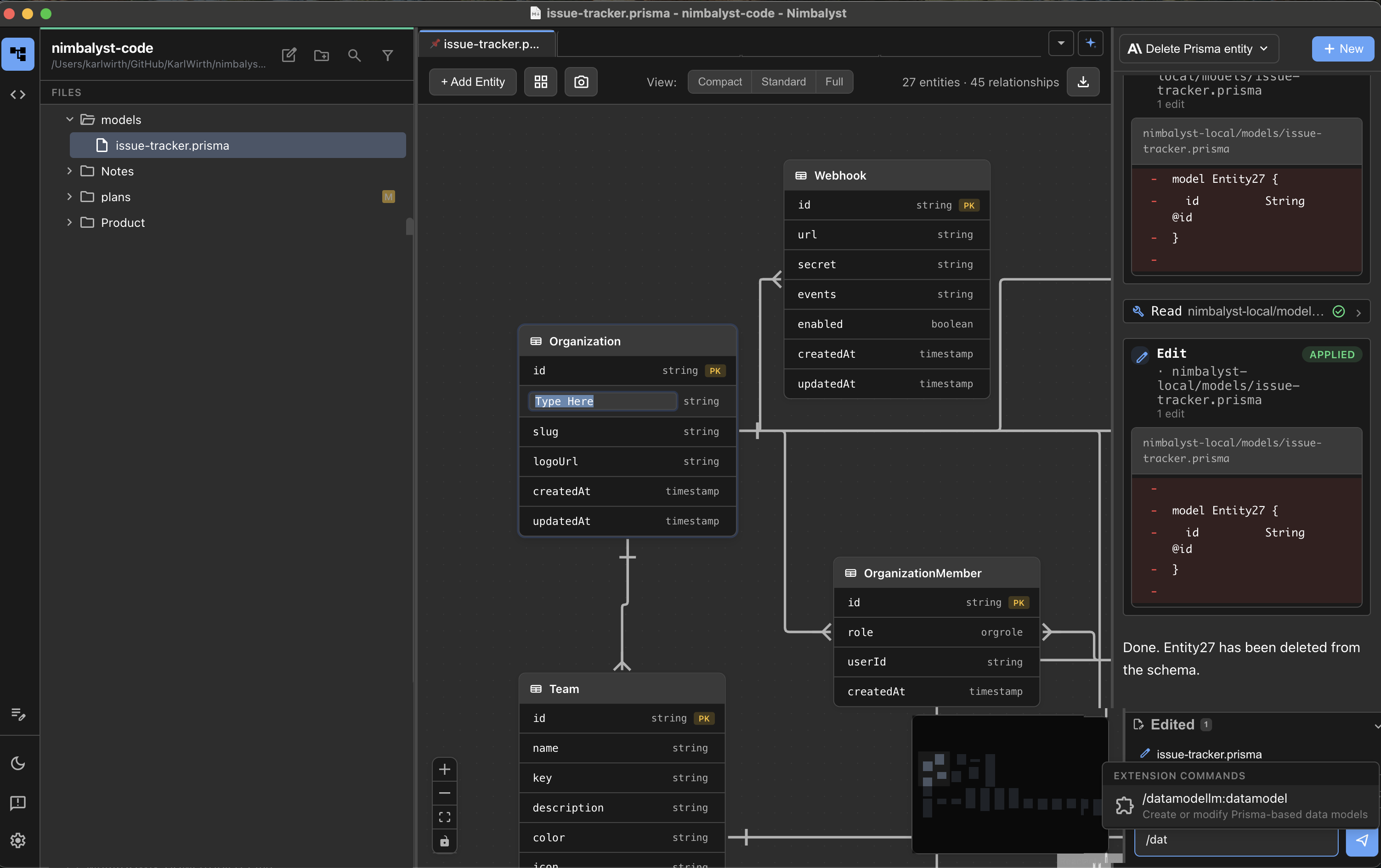 Data model editor in dark mode showing related database entities