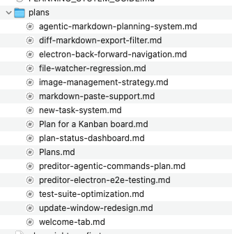 A plans folder in the file tree containing individual .md plan files