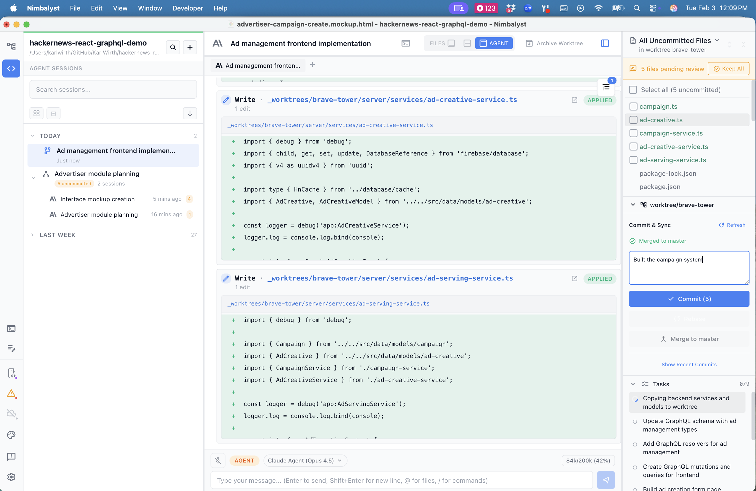 An agent session running in a worktree, with the transcript's edit cards in the center and the worktree's uncommitted files, commit box, and Merge to master button on the right