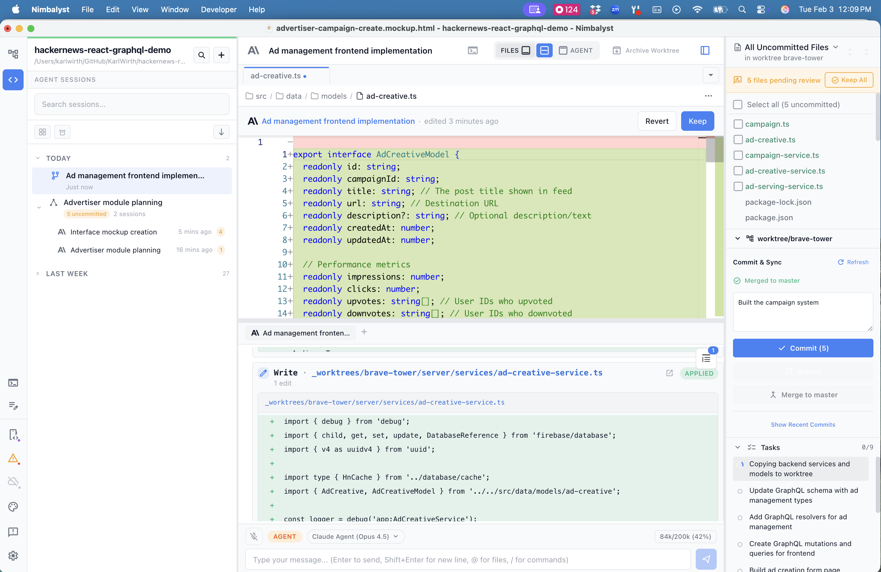 A file from a worktree session open in the editor with green added lines and Revert and Keep buttons, next to the worktree's commit panel