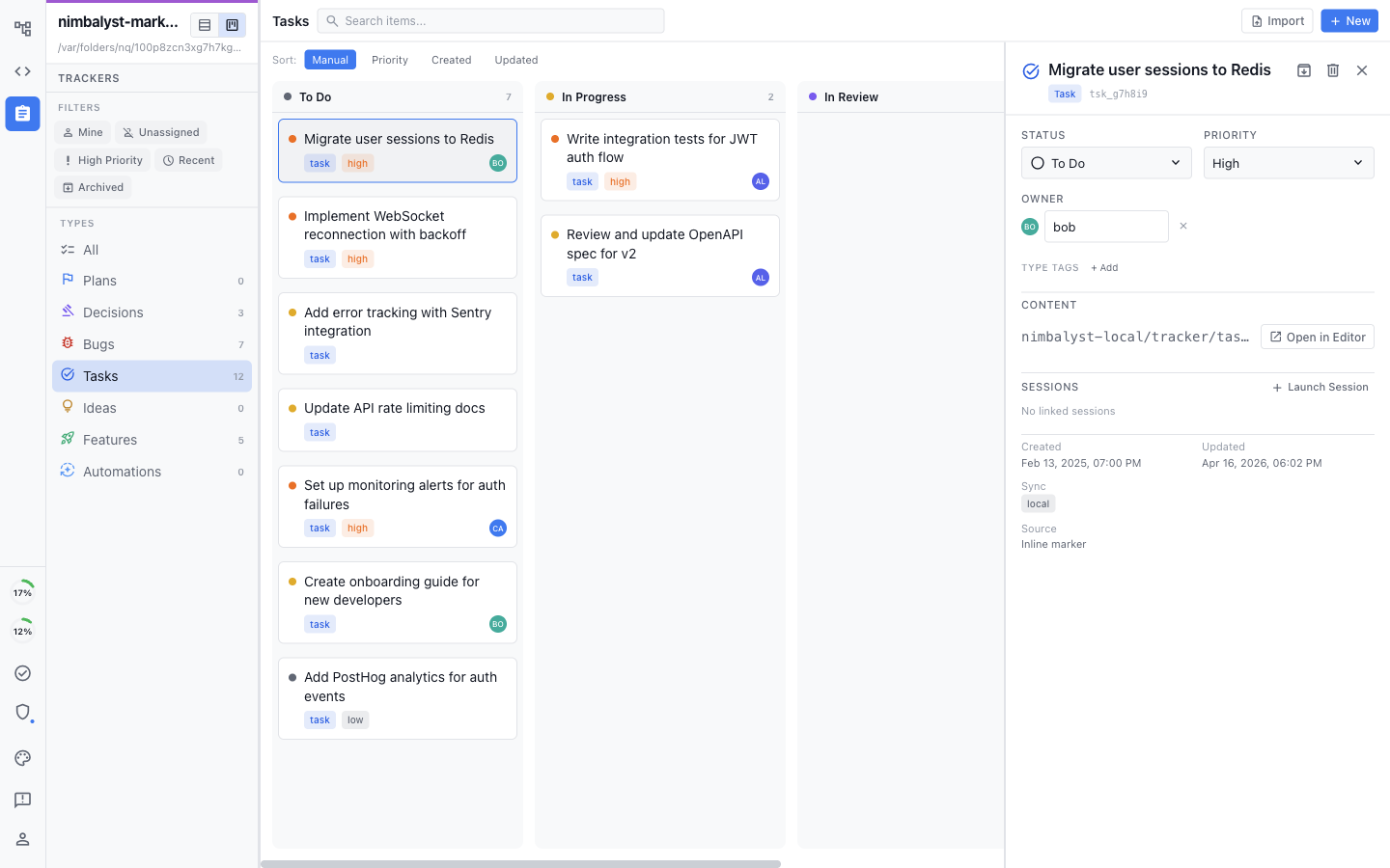 A task selected on the kanban board with its detail panel open on the right, showing status, priority, owner, content location, and a Sessions section
