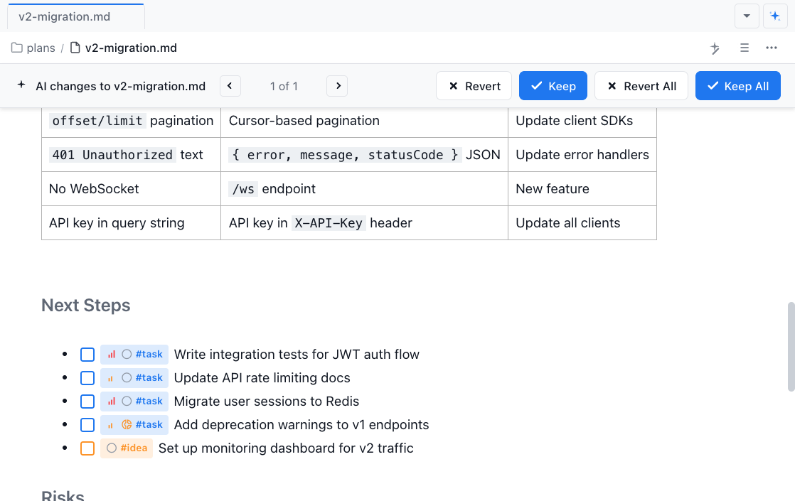 A markdown plan document with a Next Steps checklist whose lines carry inline #task and #idea tags rendered as chips with priority and status icons