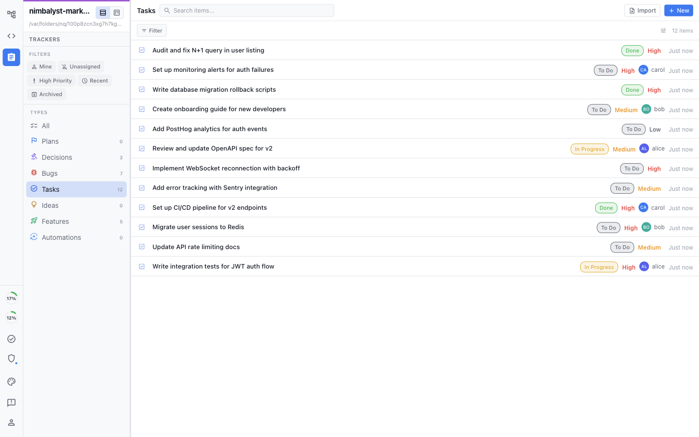 The tracker list view showing one row per task with status, priority, owner, and updated-time columns