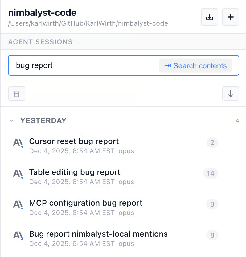 The session list filtered by the search term bug report, with a Search contents option and matching sessions listed with match counts