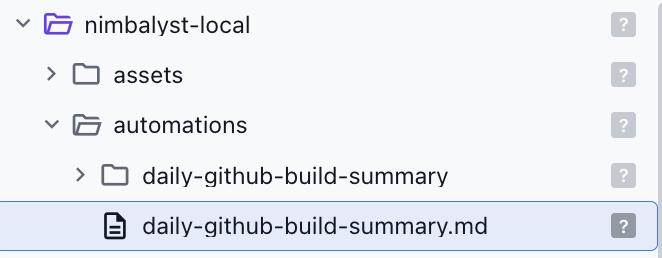 The file tree showing an automations folder under nimbalyst-local, containing a daily-github-build-summary.md file and its output folder