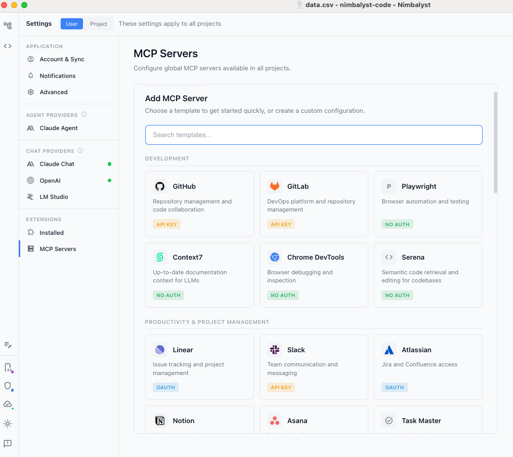The MCP Servers settings page showing the Add MCP Server template gallery