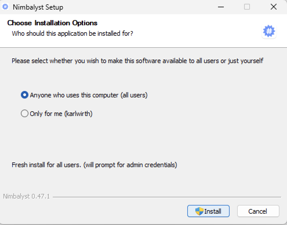 The Windows installer showing Nimbalyst installation options
