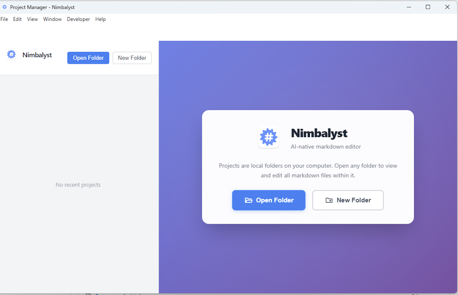 Nimbalyst Project Manager for choosing or creating a project folder