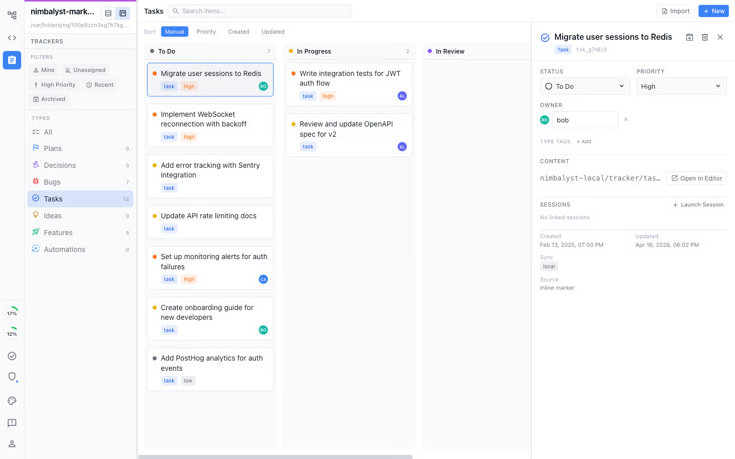 A kanban board with a task selected and its detail panel open on the right showing status, priority, owner, content, and sessions